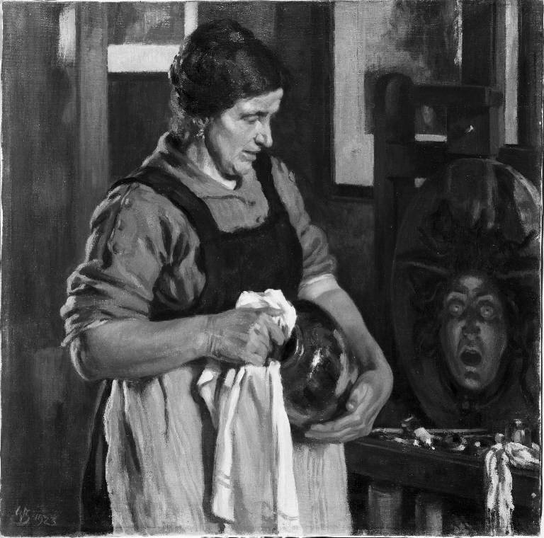 Dialogo tra Medusa e Teresa, Donna anziana nello studio del pittore (dipinto) di Zuccaro Guido (sec. XX)