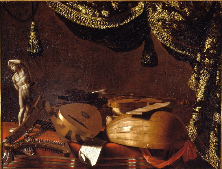 Natura morta con strumenti musicali e statuetta (dipinto) di Baschenis Evaristo (sec. XVII)