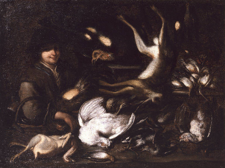 Natura morta con selvaggina e giovane uomo con canestro (dipinto) - ambito emiliano (inizio sec. XVIII)