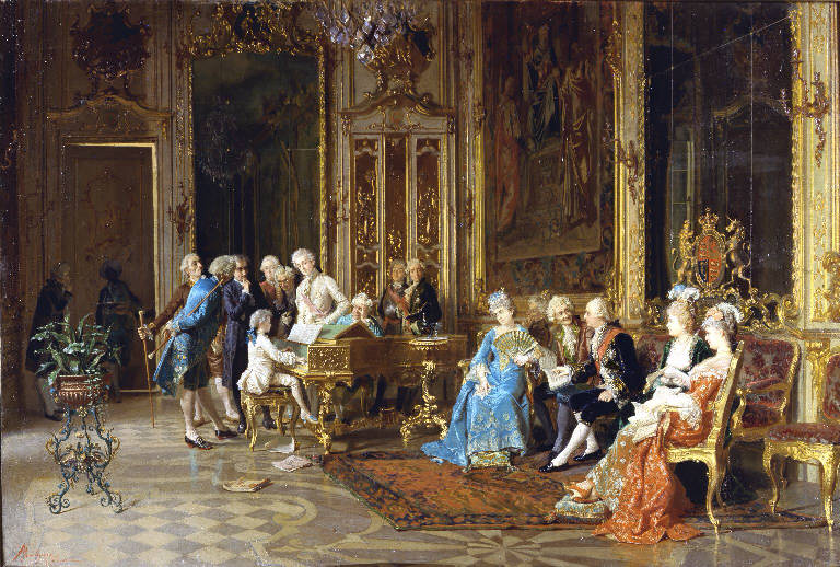 Mozart suona il clavicembalo per Giorgio III di Hannover (dipinto) di Mantegazza Giacomo (sec. XIX)