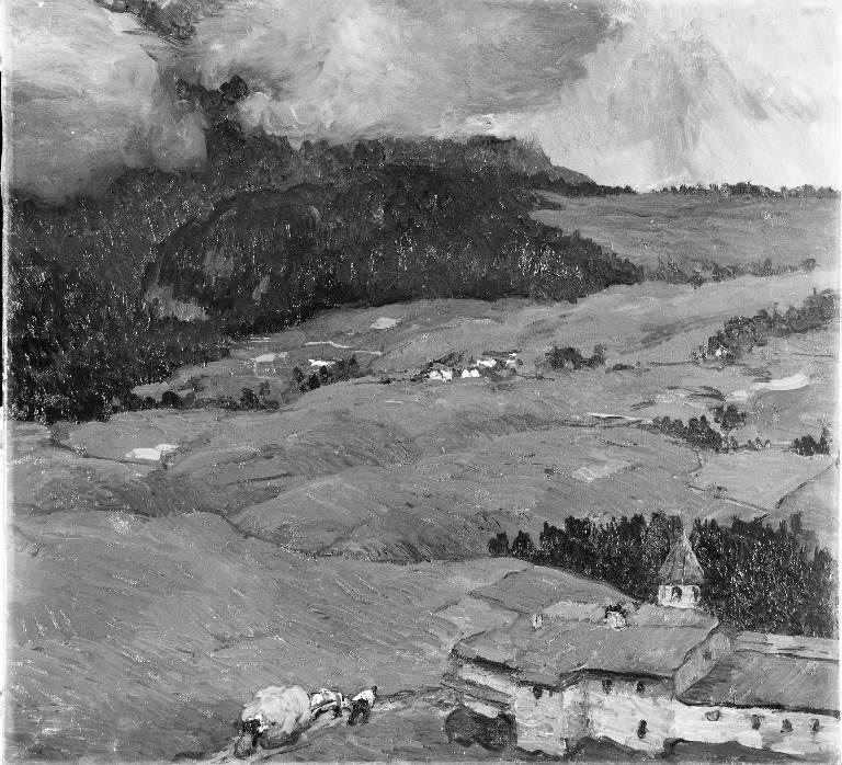 Imminente temporale, Paesaggio montano con villaggio e contadino di ritorno dai campi (dipinto) di Oprandi Giorgio (sec. XX)