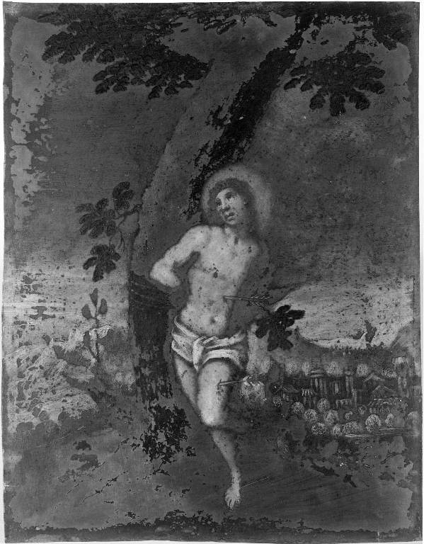 San Sebastiano in un paesaggio (dipinto) - scuola lombarda (sec. XVII)