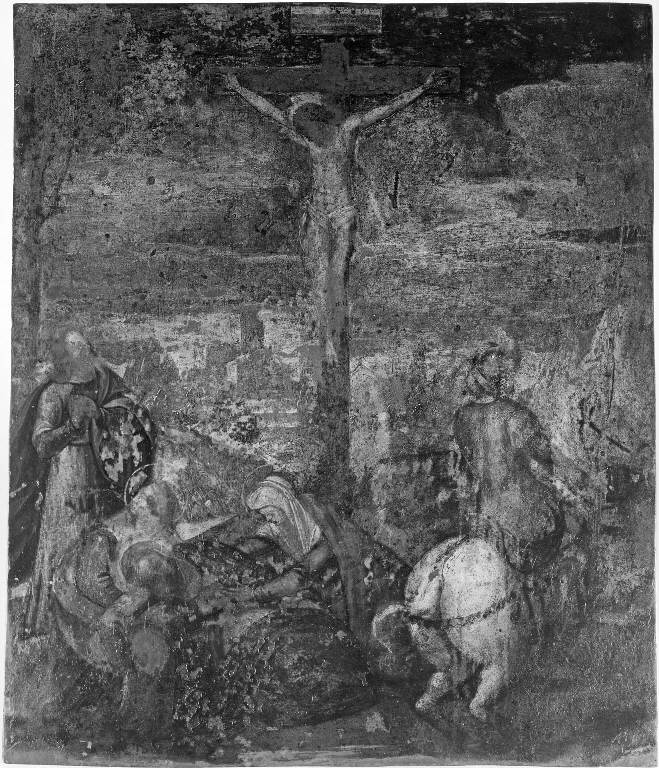crocifissione di Cristo con la Madonna, San Giovanni Evangelista, le pie donne e soldati (dipinto) - scuola veneta (sec. XVI)