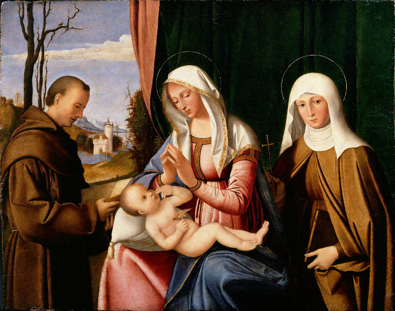 Madonna con Bambino tra San Francesco d'Assisi e Santa Chiara (dipinto) di Basaiti, Marco (sec. XVI)
