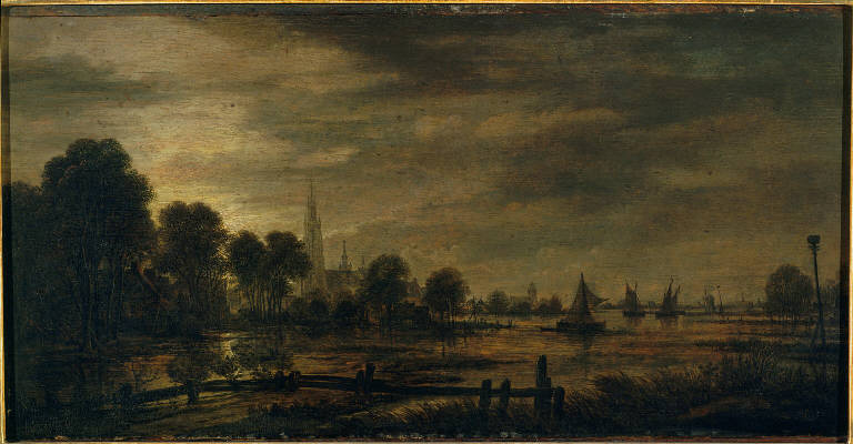 paesaggio lagunare con barche (dipinto) di Neer, Aert van der (sec. XVII)