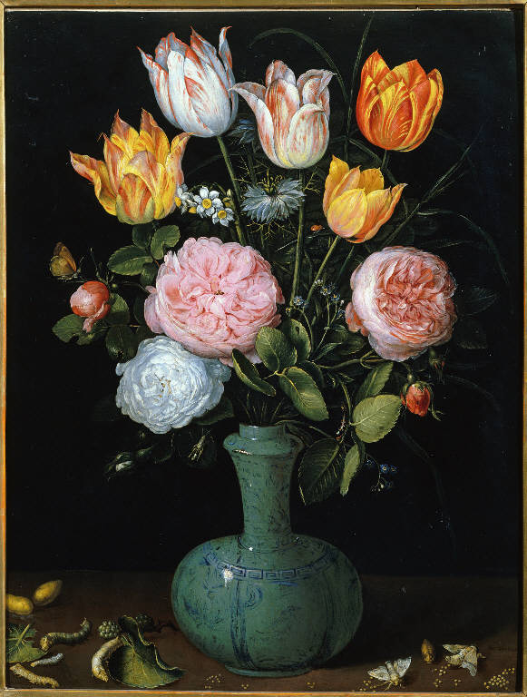 natura morta con vaso di fiori, crisalidi e farfalle (dipinto) di Brueghel, Jan il Vecchio (bottega) (sec. XVII)