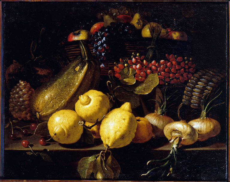 natura morta con limoni, cipolle e fragole (dipinto) - scuola napoletana (seconda metà sec. XVII)