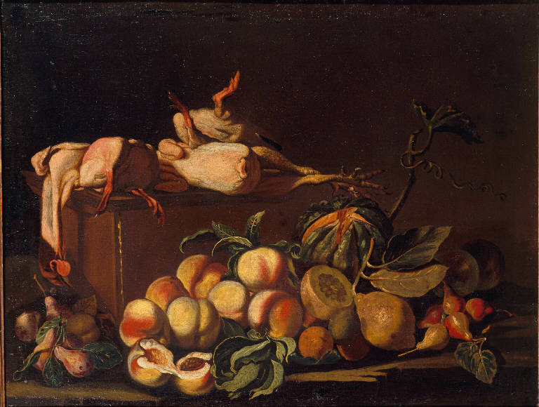 natura morta con frutta e polli spennati (dipinto) di Baschenis, Evaristo (bottega) (sec. XVII)