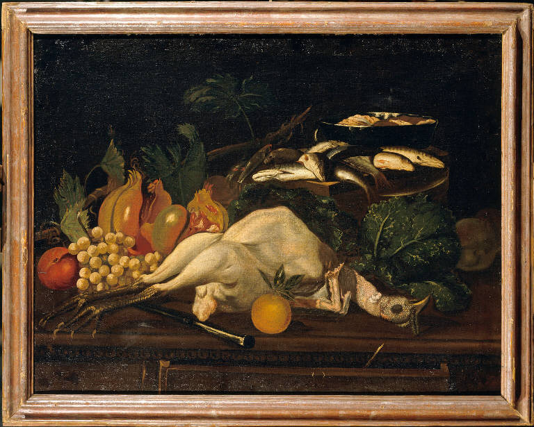 natura morta con frutta, cavoli, pesci e un tacchino spennato (dipinto) di Baschenis, Evaristo (bottega) (sec. XVII)