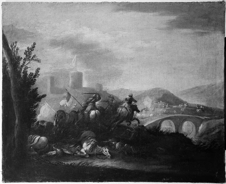 scena di battaglia con cavalieri presso un ponte (dipinto) - scuola veneta (sec. XVIII)