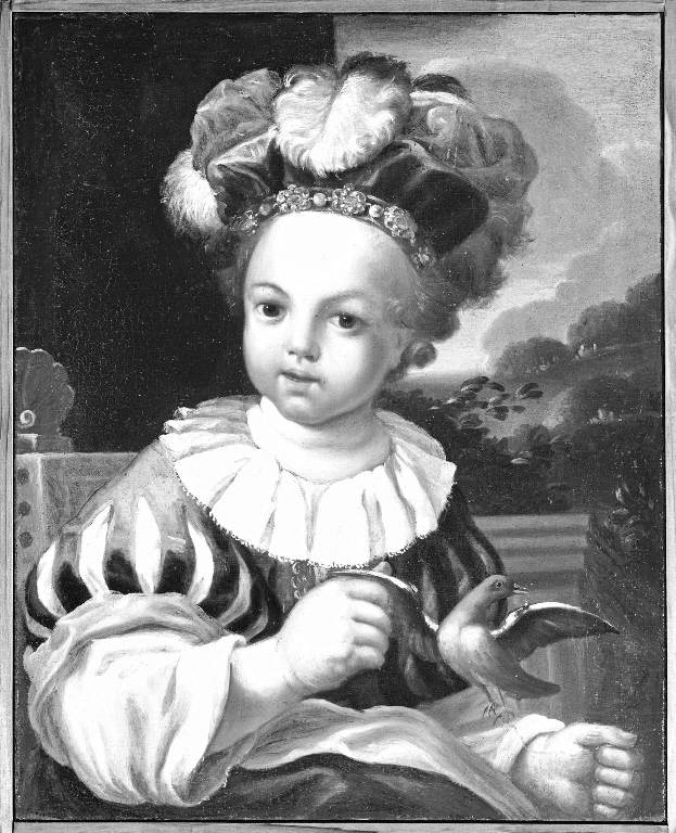 ritratto di bambina con turbante di piume e uccellino (dipinto) di Amorosi, Antonio (attribuito) (sec. XVIII)