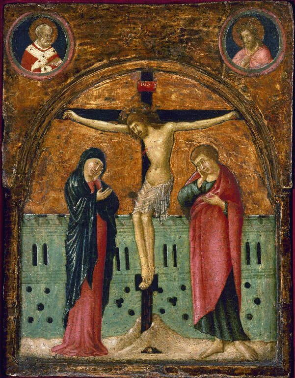 Cristo crocifisso con la Madonna e San Giovanni Evangelista (scomparto di polittico) - scuola emiliana (terzo quarto sec. XIV)