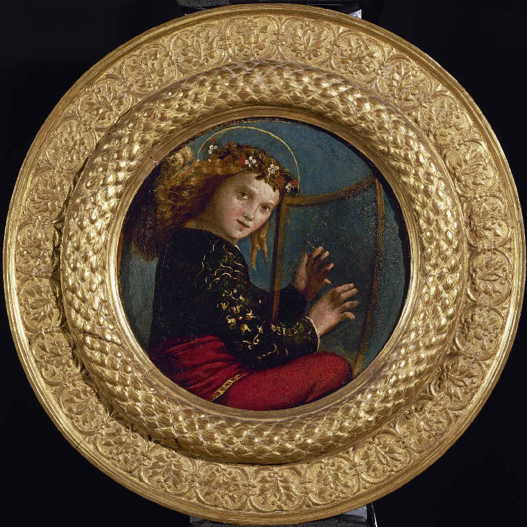 angelo musicante con arpa (dipinto) di Luteri, Giovanni di Niccolò detto Dossi Dosso (cerchia) (prima metà sec. XVI)