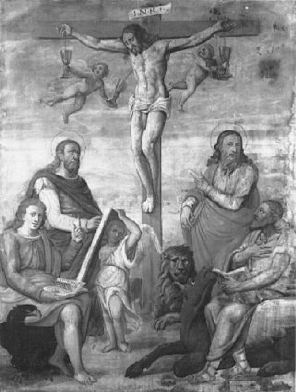 Cristo crocifisso e i quattro evangelisti (stendardo) di Giovanni Battista da Averara (sec. XVI)