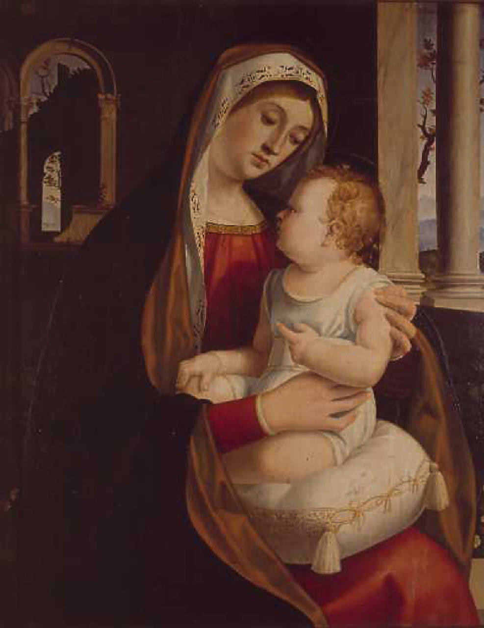 Madonna con Bambino in un interno (dipinto) di Previtali Andrea (sec. XVI)