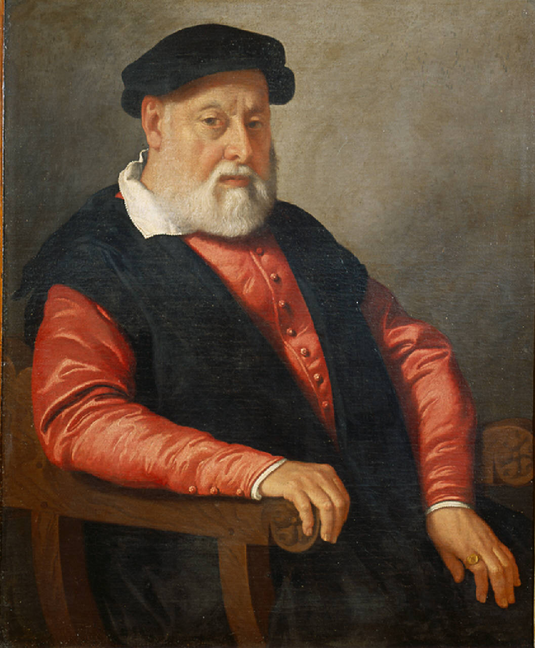 ritratto di uomo anziano seduto con berretta (dipinto) di Moroni Giovan Battista (sec. XVI)