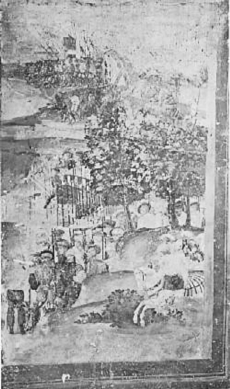 scena con fanteria in marcia (dipinto) - ambito bergamasco (prima metà sec. XVI)