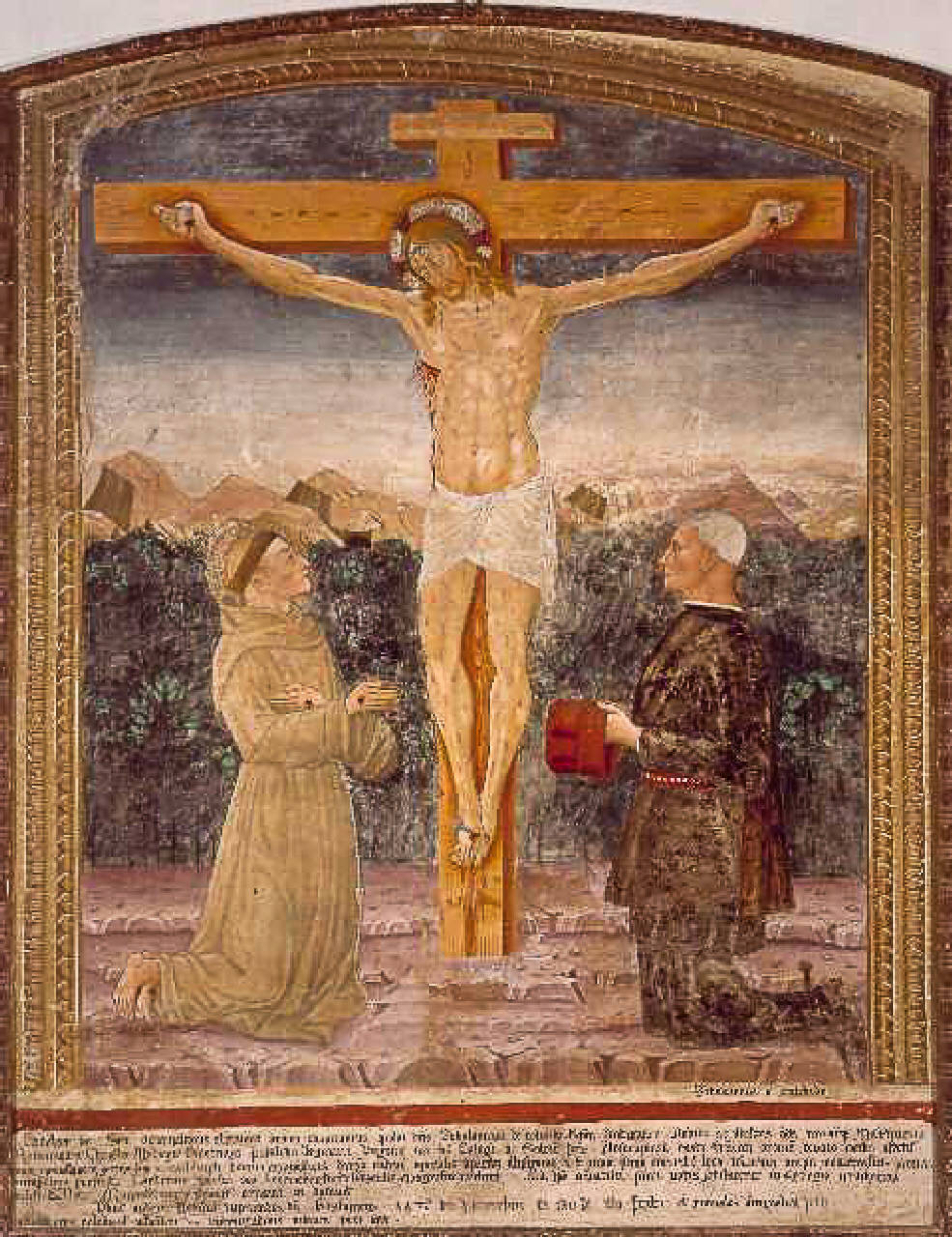 Cristo crocifisso tra San Francesco d'Assisi e Bartolomeo Colleoni (dipinto) di Maestro di Martinengo (sec. XV)