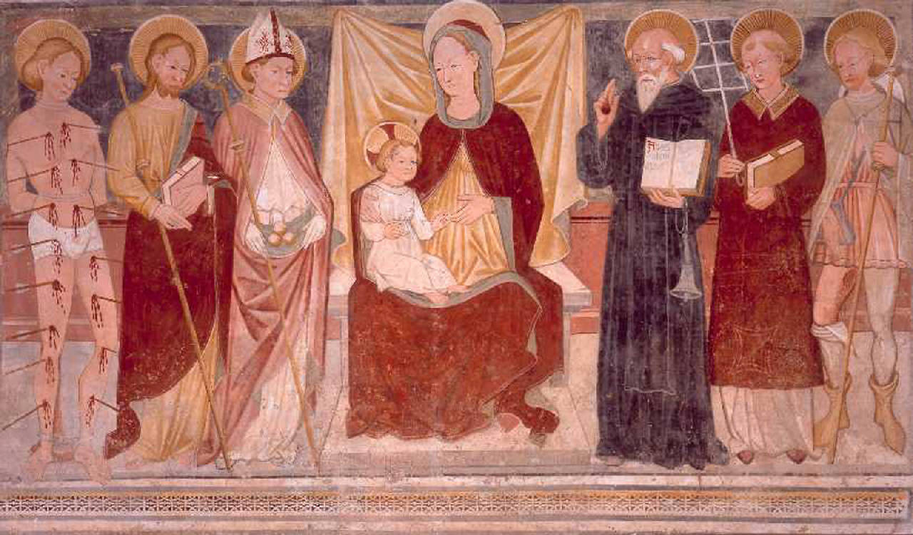 Madonna con Bambino in trono tra San Sebastiano, San Giacomo il Maggiore, San Nicola di Bari, Sant'Antonio Abate, San Lorenzo e San Rocco (dipinto) di Maffiolo da Cazzano (maniera) (fine sec. XV)