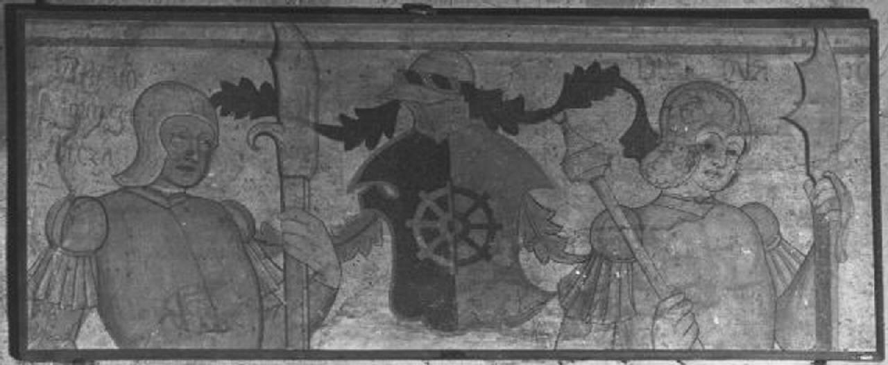 soldati in armatura con stemma (dipinto) - ambito bergamasco (fine sec. XV)
