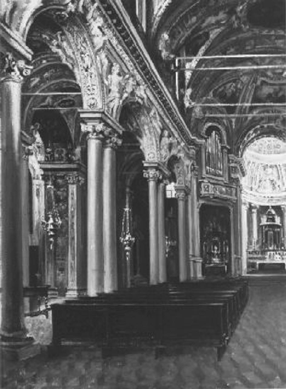 veduta prospettica dell'interno della basilica di San Martino ad Alzano Lombardo (dipinto) di Bosis Giacomo (attribuito) (fine sec. XIX)