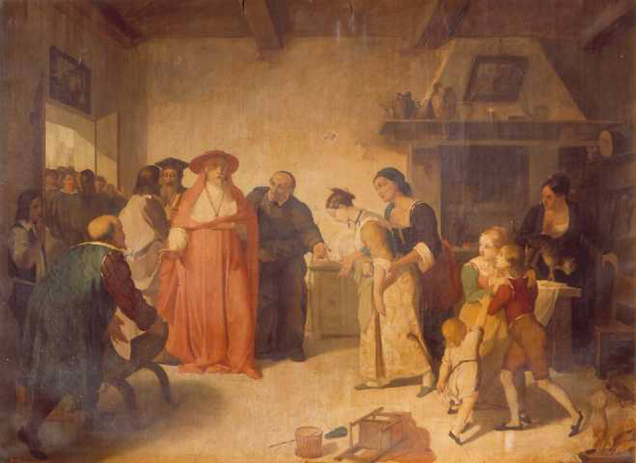 Lucia Mondella presentata al cardinale Federico nella casa del sarto (dipinto) di Coghetti Francesco (sec. XIX)