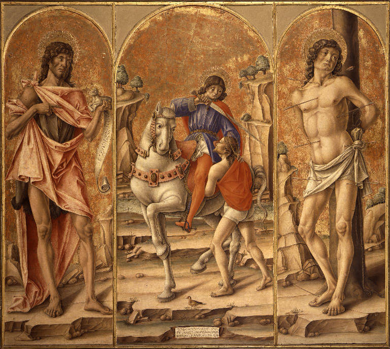 San Martino dona parte del mantello al povero, San Giovanni Battista, San Sebastiano (trittico) di Vivarini Bartolomeo (sec. XV)