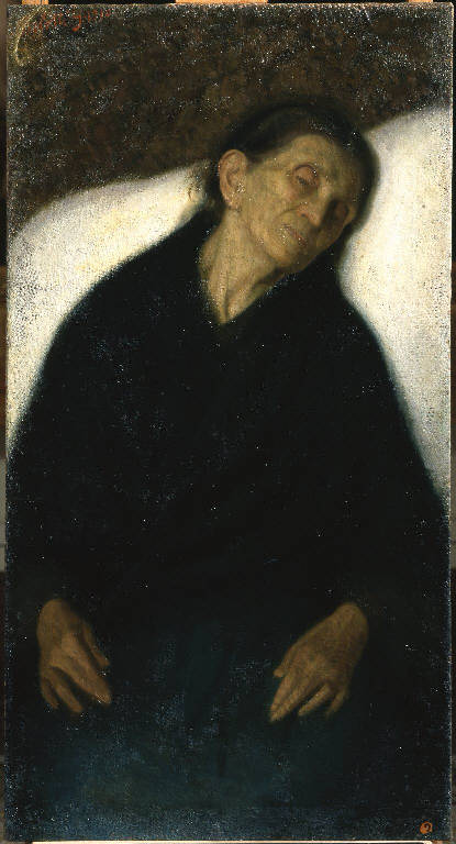 Convalescenza, Vecchia convalescente (dipinto) di Belotti Giacomo (sec. XX)