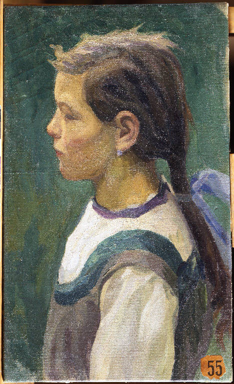 Bambina con treccia (dipinto) di Facchinetti Giuseppe (sec. XX)