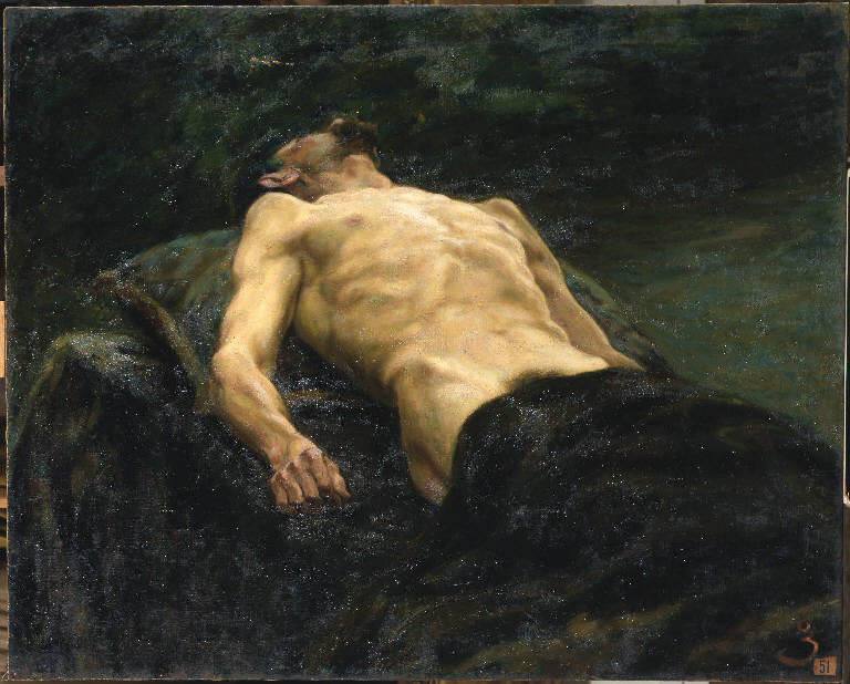 Nudo virile disteso (dipinto) di Manini Vittorio (sec. XX)