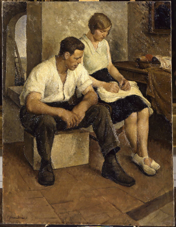 Famiglia in riposo (dipinto) di Nembrini Emilio (sec. XX)