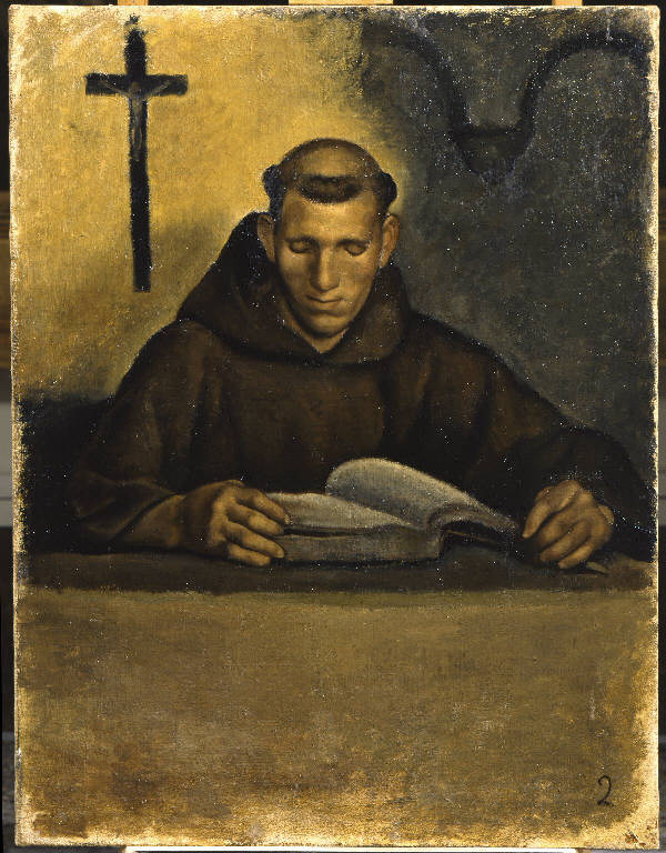 Frate francescano che legge (dipinto) di Brugnetti Tarcisio (sec. XX)