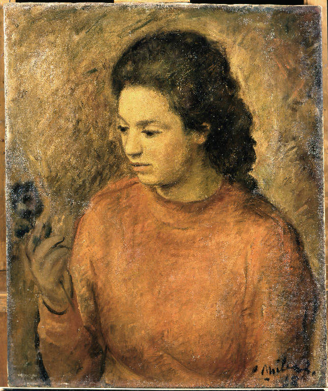 Ragazza con fiore in mano (dipinto) di Milesi Giuseppe (sec. XX)