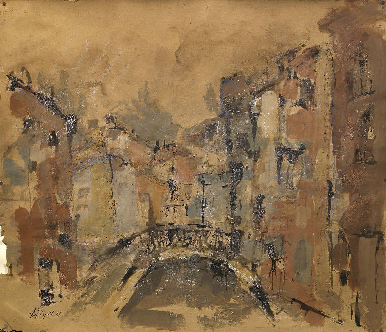 Veduta di città con ponte (dipinto) di Petrogalli Cesare (sec. XX)