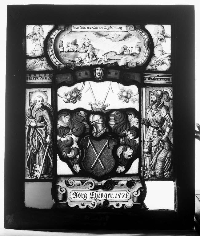 Stemma gentilizio tra San Pietro e San Giorgio e il drago, Conversione di San Paolo (vetrata) - ambito tedesco (sec. XVI)