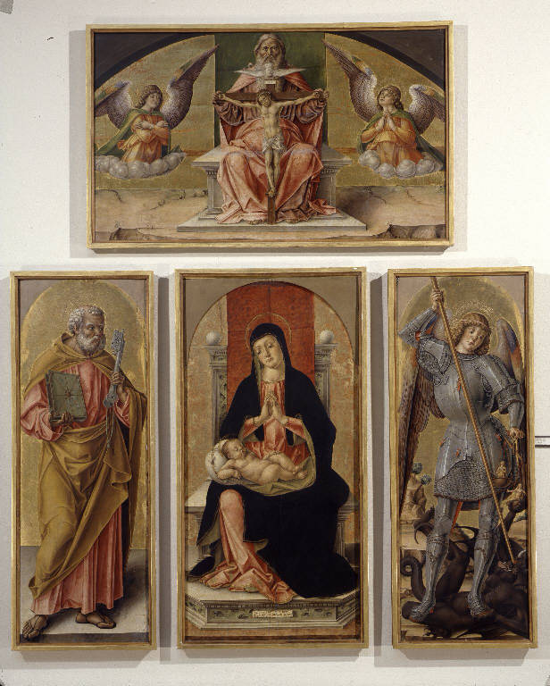 Madonna con Bambino in trono e Santi, Trinità e angeli (polittico) di Vivarini Bartolomeo (sec. XV)