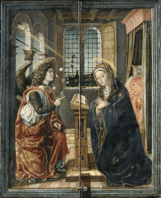 Angelo annunciante (sportello di tabernacolo dipinto) di Civerchio Vincenzo (fine/inizio sec. XVI)
