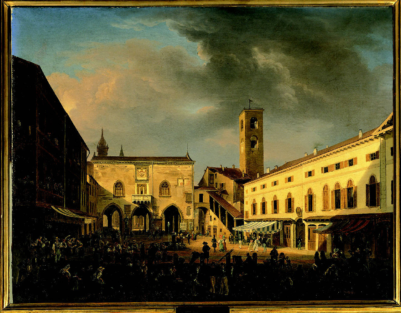 veduta di Piazza Vecchia in Bergamo Alta (dipinto) di Rosa Costantino (sec. XIX)
