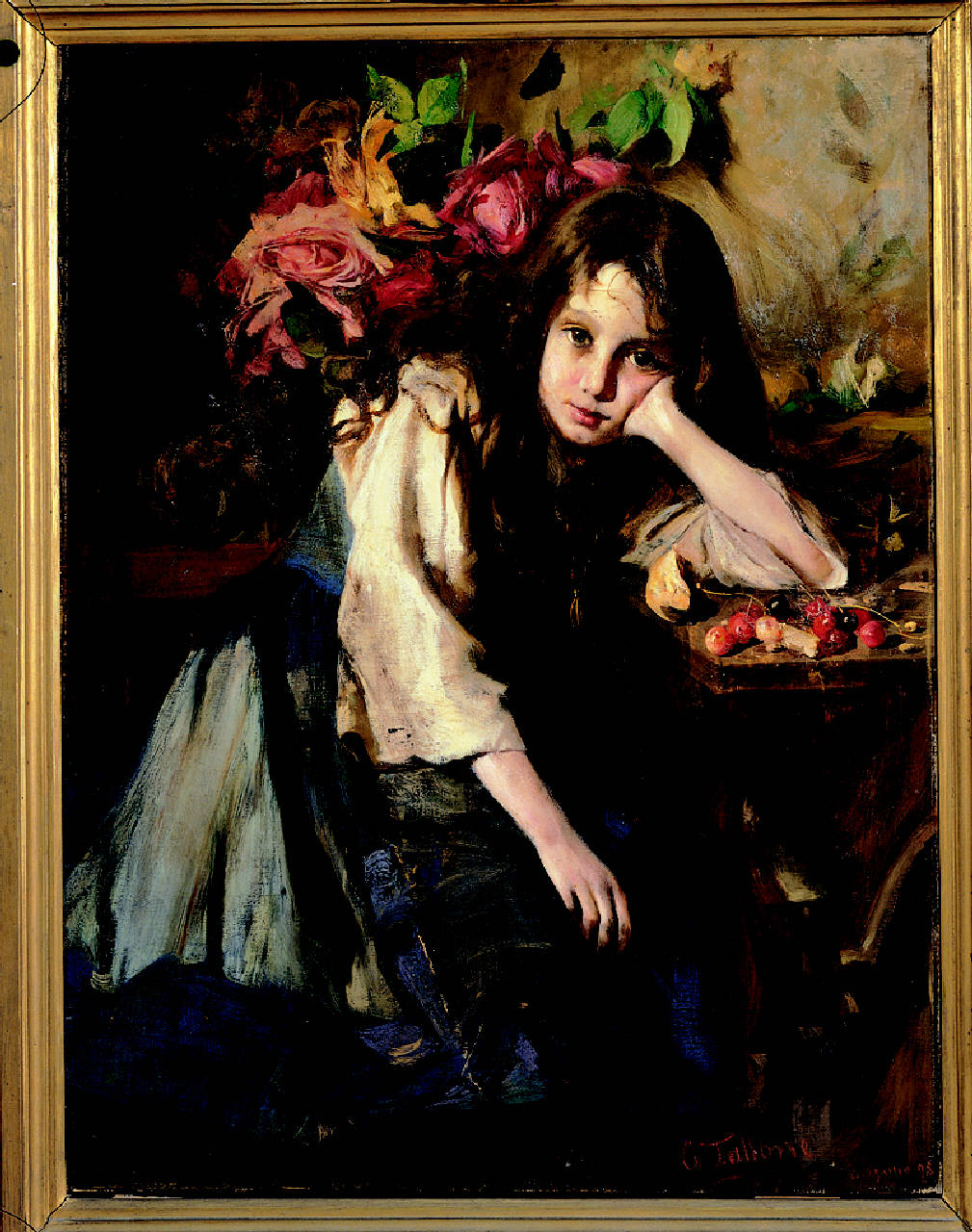 Ragazza con rose, ritratto della figlia Irene (dipinto) di Tallone Cesare (sec. XIX)
