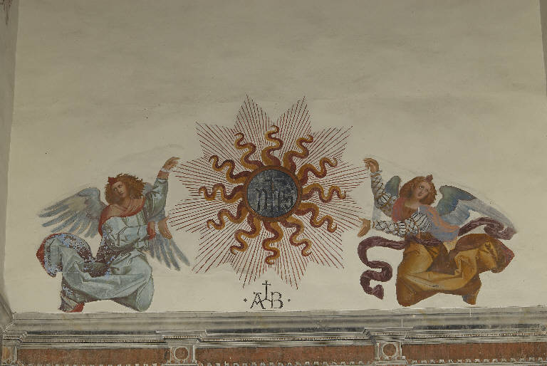 ANGELI CON SOLE RAGGIATO E MONOGRAMMA (dipinto murale) di De Donati, Bernardino (e aiuti) (primo quarto sec. XVI)