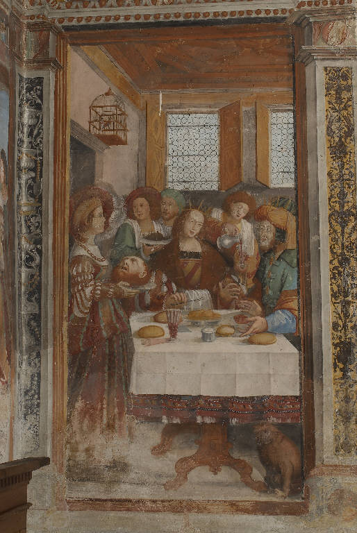 SALOME CONSEGNA LA TESTA DI SAN GIOVANNI BATTISTA AD ERODE (dipinto murale) di De Donati, Bernardino (e aiuti) (primo quarto sec. XVI)