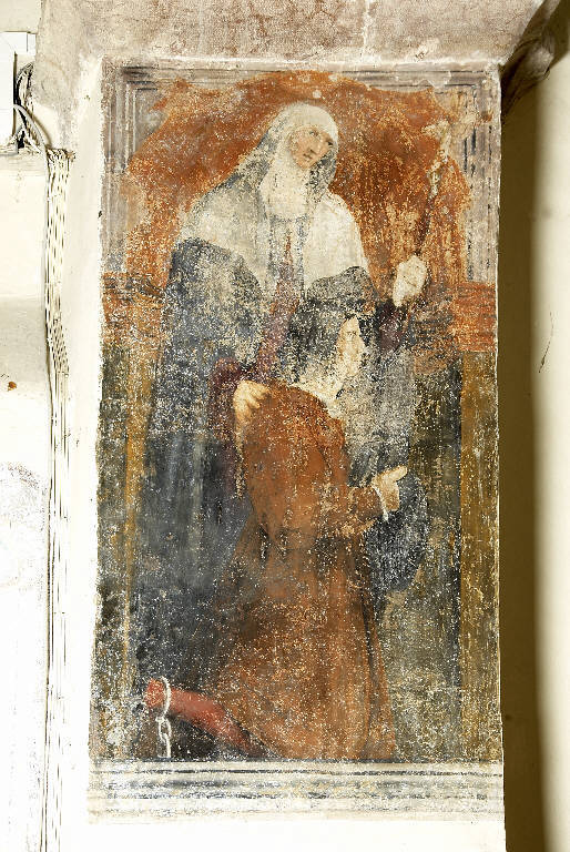 Santa Monica con fedele inginocchiato e incatenato (dipinto murale) di De Donati, Bernardino (e aiuti) (sec. XVI)