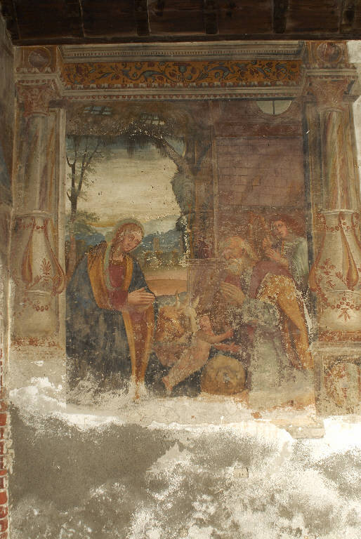 ADORAZIONE DEL BAMBINO (dipinto murale) di De Donati, Bernardino (bottega) (primo quarto sec. XVI)