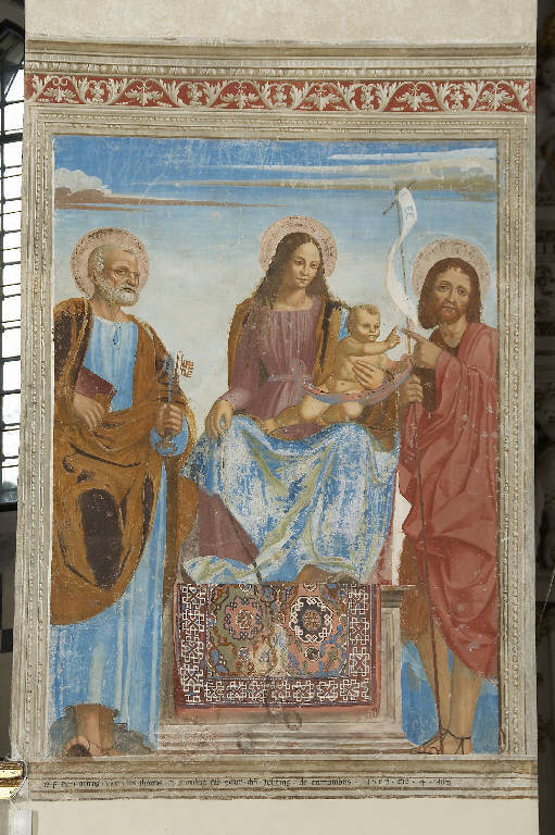 MADONNA CON BAMBINO TRA SAN PIETRO E GIOVANNI BATTISTA (dipinto murale) di De Donati, Alvise (sec. XVI)