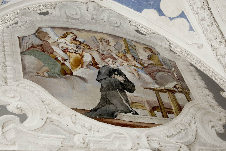 SAN NICOLA DA TOLENTINO CON ANGELI MUSICANTI (dipinto murale) di Quaglio, Giulio (secondo quarto sec. XVIII)