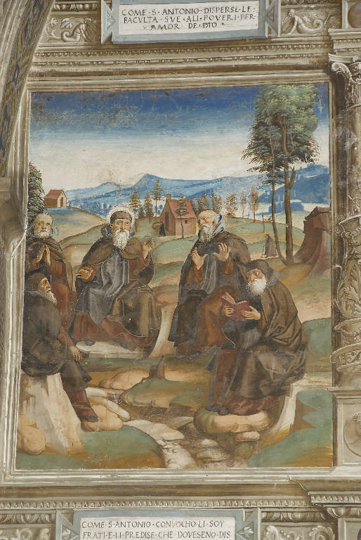 SANT'ANTONIO ABATE CONVOCA I COMPAGNI EREMITI (dipinto murale) di De Donati, Alvise (e aiuti) - ambito lombardo (sec. XVI)