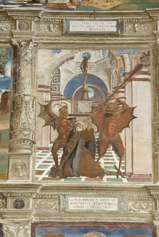 LE TENTAZIONI DI SANT'ANTONIO ABATE (dipinto murale) di De Donati, Alvise (e aiuti) - ambito lombardo (sec. XVI)