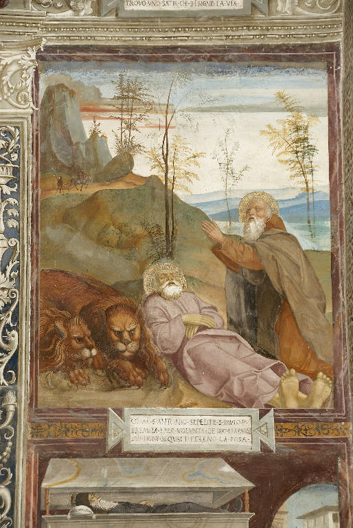 SANT'ANTONIO ABATE SEPPELLISCE SAN PAOLO EREMITA (dipinto murale) di De Donati, Alvise (e aiuti) - ambito lombardo (sec. XVI)