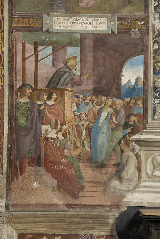 SANT'ANTONIO ABATE GUARISCE UN'INDEMONIATA (dipinto murale) di De Donati, Alvise (e aiuti) - ambito lombardo (sec. XVI)