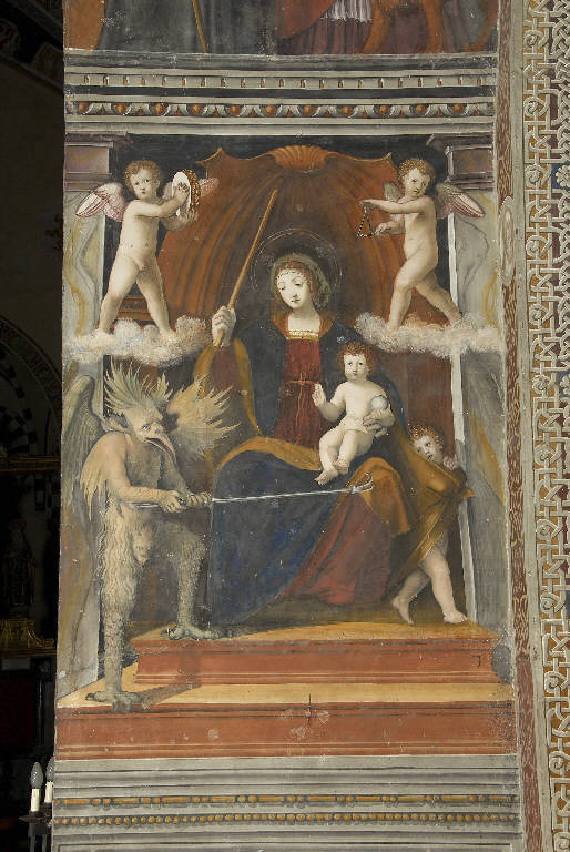 Madonna del "cifulett del cunvent", MADONNA CON BAMBINO IN TRONO CHE COMBATTE IL DIAVOLO (dipinto murale) di De Donati, Bernardino (bottega) (secondo quarto sec. XVI)